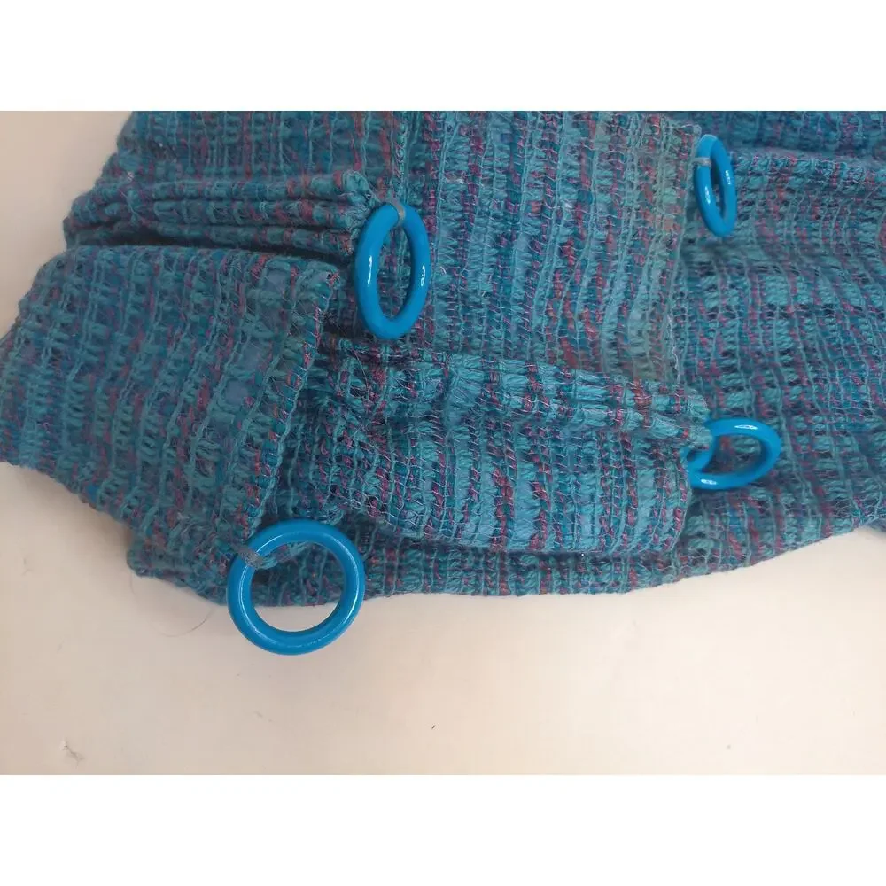 Vtg Mid Century Blue Tweed Pinch Pleat Curtains Open Weave Drapes w/ Rings Set 2